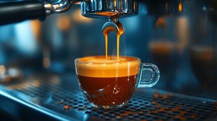 Espresso pouring into a small glass cup.  Rich, golden crema topping a dark brown espresso