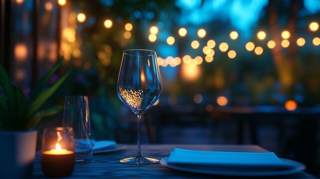 Empty wine glass on a restaurant table at dusk, bathed in warm, ambient light - Powered by Adobe