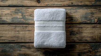 Folded white towel on rustic wooden surface