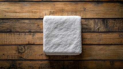 Folded white bath towel on rustic wooden planks