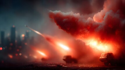 Obraz premium Devastating explosion engulfs the skyline of a bustling metropolitan city with plumes of smoke and flames erupting into the night sky