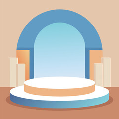 A minimalist stage mockup with soft pale blue, crisp white, and warm tan backdrop