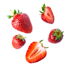 Strawberry cut out pattern. Ripe fresh flying red strawberry isolated on white background. With clipping path. Summer delicious sweet berry organic fruit, food, diet, vitamins, creative layout