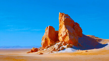 Large rock formations in a desert landscape under a clear blue sky on a sunny day with bright light
