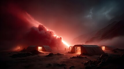 Dark ominous storm clouds loom over a desolate rocky landscape illuminating the remote mountain cabins that provide shelter for adventurers and explorers facing the harsh
