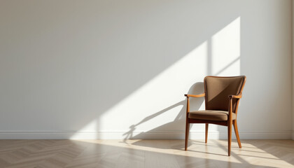 Stylish wooden chair is positioned against minimalist wall, illuminated by soft sunlight casting shadows on floor, creating serene and inviting atmosphere