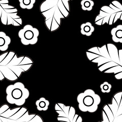 Black and white vector background image of leaves and flowers.
