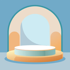 A minimalist stage mockup with soft pale blue, crisp white, and warm tan backdrop