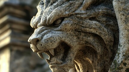 Obraz premium Aggressive Stone Lion Statue Close Up Detailed Carving Ancient Architecture