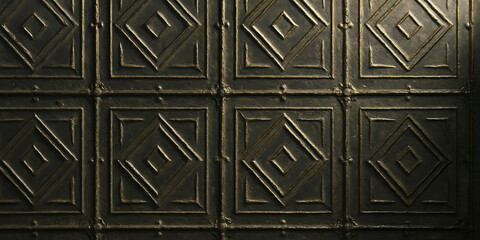Embossed Metal Tile Background, Geometric Square Panel Texture, Dark Industrial Surface, Vintage Architectural Detail