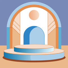 A minimalist stage mockup with soft pale blue, crisp white, and warm tan backdrop