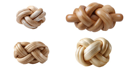 Four close up images of decorative knots made of light brown material on a black background