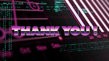 At start teal code and chart drifting in, centering gradient 'THANK YOU' text showing gratitude - Powered by Adobe