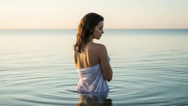 Woman in shallow water, wrapped in sheer fabric