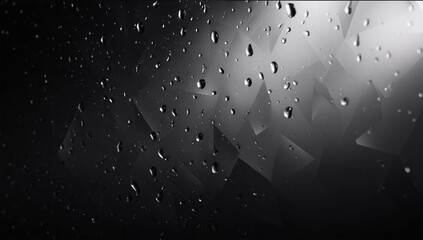 Close up of water droplets on a dark surface with geometric shapes in the background light gray