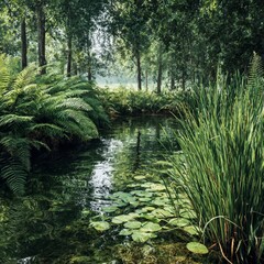 a tranquil pond surrounded by lush green ferns and tall cattails with lily pads floating serenely on the water's surface
