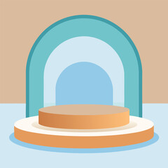 A minimalist stage mockup with soft pale blue, crisp white, and warm tan backdrop