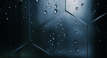 Close up of water droplets on a dark geometric surface with reflections and subtle lighting effects