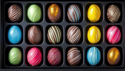 Colorful chocolate eggs in a black box