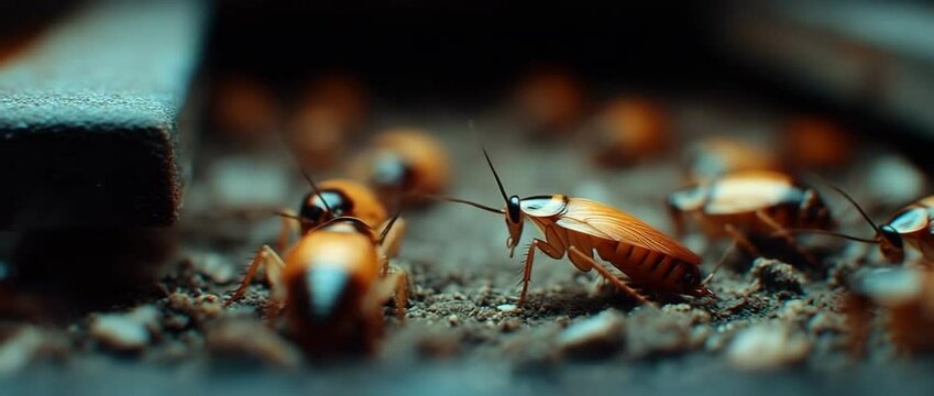 Cockroaches scuttling on an indoor trash can