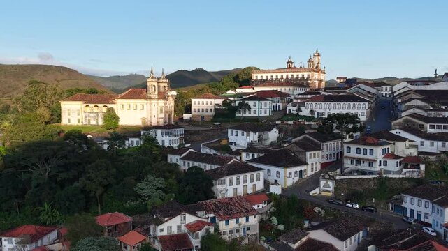 Drone view of the historic center, highlighting the Church of S&atilde;o Francisco de Assis and the Inconfid&ecirc;ncia Museum - Ouro Preto, Minas Gerais, Brazil