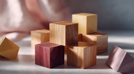 A stack of wooden cubes in varying shades of brown and pink on a white surface in soft lighting