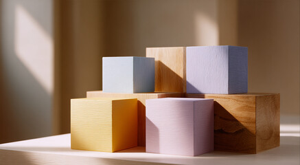 Pastel colored cubes stacked on wooden blocks with soft lighting and a neutral background in a studio