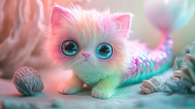 Enchanting feline mermaid fantasy world of playful kitten and dreamy seascape