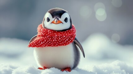 Fototapeta premium Charming penguin chick adorned with a vibrant red scarf enjoying snowy landscape
