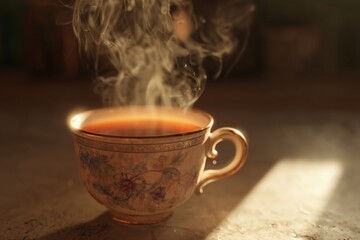 Fototapeta premium Steaming beverage in an ornate cup, its delicate floral patterns bathed in warm light, offering a moment of comfort and relaxation.