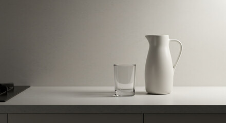 Fototapeta premium Minimalist Still Life Pitcher and Glass on Kitchen Counter