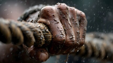 Hand gripping heavy rope in muddy rainy obstacle course