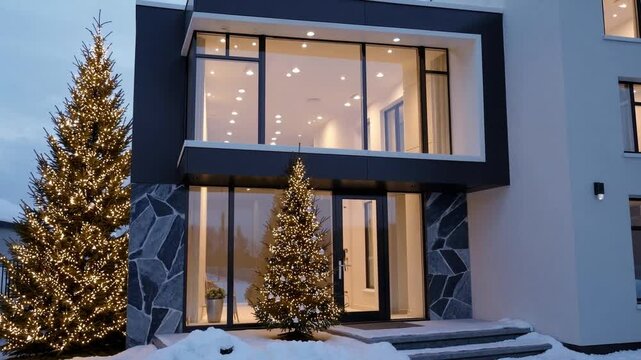Modern Christmas glow simple compose winter snow illuminated tree contemporary house evening festive scene with glass facade