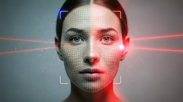 Facial recognition technology overlay on a female portrait.