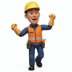 Animated Construction Worker Celebrating Success with Raised Fists on White Background