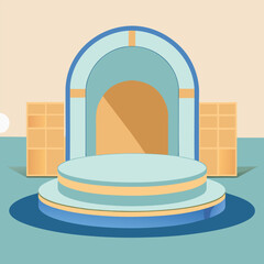 A minimalist stage mockup with soft pale blue, crisp white, and warm tan backdrop