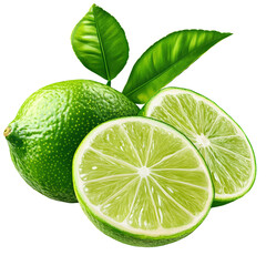 Detailed botanical lime fruit with sliced cross section, soft shadow and green leaf detail, transparent PNG
