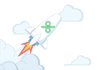 E-commerce sales strategy concept. Rocket with percentage symbol shooting up for discount, sales growth and marketing boost. Ideal for business, fashion, retail and marketing. Flat design illustration
