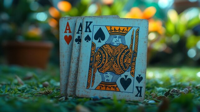Three antique playing cards, Ace of Hearts, Ace of Spades, and King of Spades, on a grassy surface, out of focus background