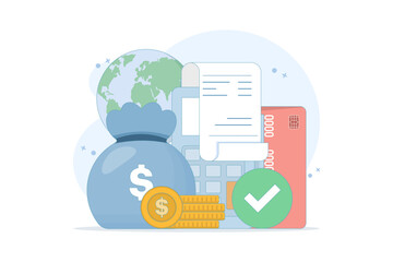 Money management, finance concept. Saving cash, personal finance management and savings. Card swipe machine with money. Illustration on isolated background.