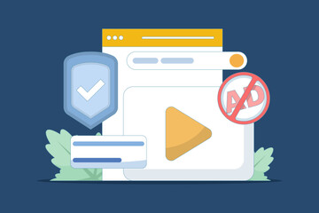 Concept of protection from harmful videos. Ad blocking, pop-up ad blocker. ad filtering tool. protective symbols and videos. anti-pop-up. safe viewing. flat design in the background.