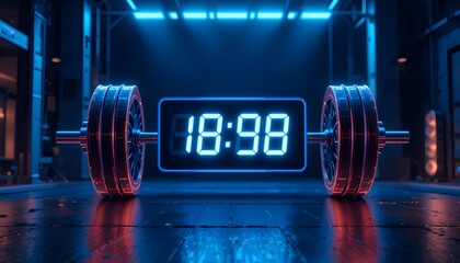 Neon-lit weights rest in a modern gym showcasing fitness time and strength training