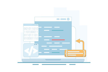 Compiler programming concept, binary numbers. software development, machine language laptop code. programming, coding in computer. data filtering. flat vector illustration.