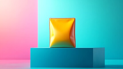 Pink and Yellow Stand Up Pouch on Blue Platform.