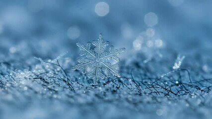Close-up of a snowflake resting on a soft surface, surrounded by shimmering ice crystals and frost - Powered by Adobe