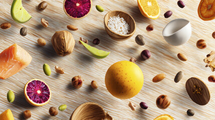 Floating food items including citrus fruit, nuts, seeds, and wooden bowl with salt are arranged over textured wooden surface, creating vibrant and dynamic flat lay composition