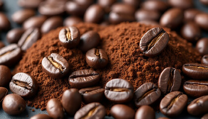 Coffee beans on a pile of ground coffee. Coffee comparison.