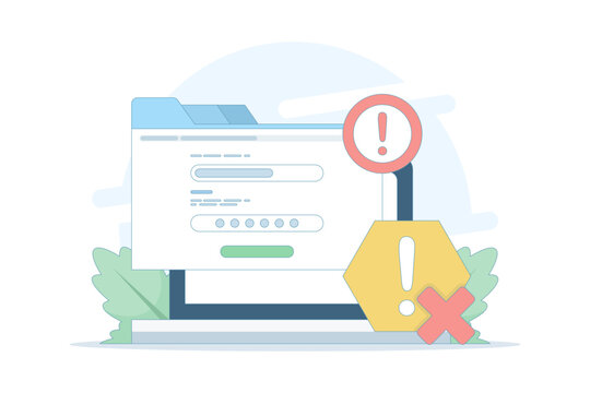 wrong password and username. can't access account. wrong password. forgot password and username. technology and issues. wrong data. flat design illustration in the background.