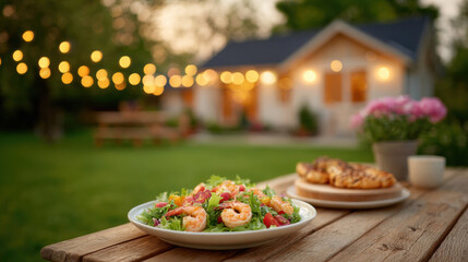 Cozy outdoor dinner setup on wooden table with shrimp salad and grilled food, warm string lights and blurred house in background