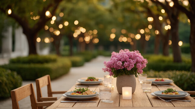 Outdoor dining table with pink flowers and glowing candlelight in garden setting creating warm and inviting atmosphere